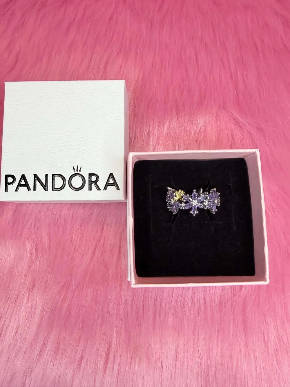 Pandora Silver Floral Crown Ring with Purple and Yellow Stones
